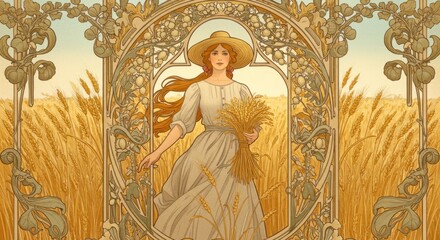 Obraz premium Woman in wheat field vintage art nouveau style illustration