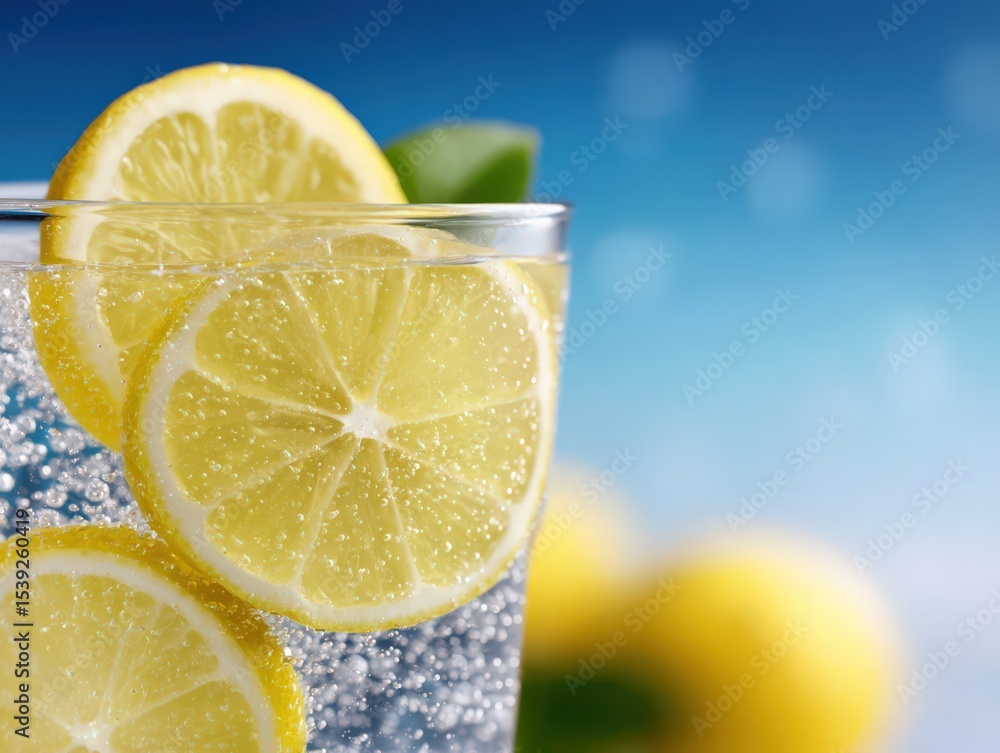 Poster refreshing sparkling lemonade drink with vibrant lemon slices and bubbles emphasizing summer hydrati