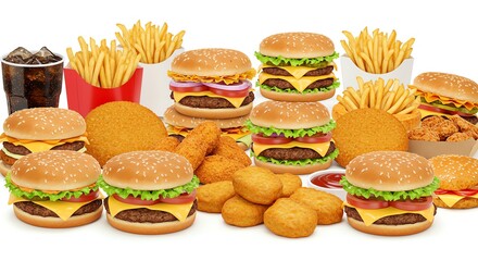 Abundant fast food assortment featuring burgers, fries, nuggets, and a cola drink