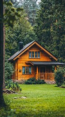 A cozy wooden cabin nestled among lush green trees with a well maintained lawn in the foreground