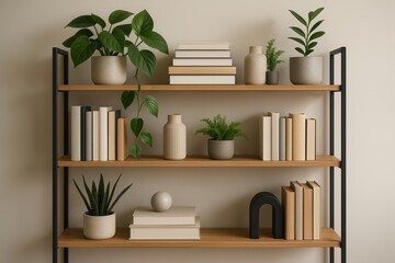 Contemporary bookshelf with plants serving as modern decorative element for virtual office backgrounds and large format printing applications