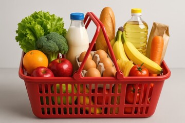 Grocery delivery concept with shopping basket filled with fresh produce and pantry items for online retail service