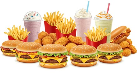 Fast food feast: Burgers, fries, chicken nuggets, and colorful milkshakes on white