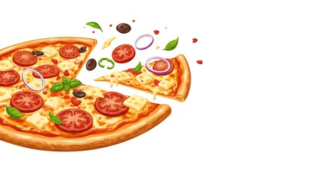 Appetizing pizza with tomatoes, cheese, olives, basil and onion rings on a white background