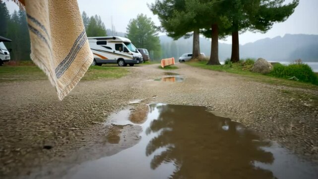 Raindrop reflections: puddle forming on gravel path near parked rvs in misty forest