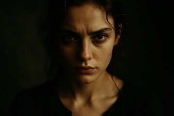 Intimate portrait photography featuring woman with intense gaze and emotional depth in professional studio lighting