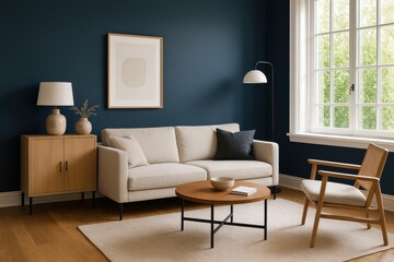 Contemporary minimalist living room with statement navy accent wall and modern furniture arrangement