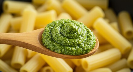 Vibrant pesto swirl on wooden spoon, rigatoni pasta background, culinary delight