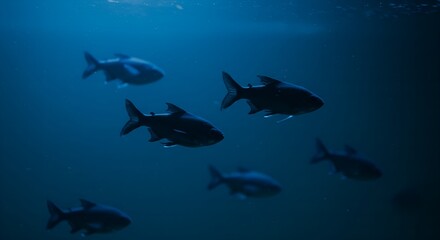 Obraz premium Silhouettes of Fish Swimming in a Deep Blue Aquarium
