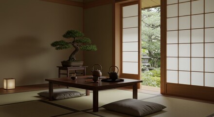 Tranquil interior room with natural light and traditional design