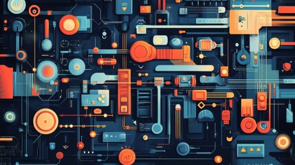Fototapeta premium Abstract technological illustration with orange, blue, and teal geometric shapes and lines on a dark background.