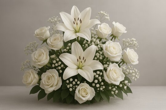 Elegant white flowers arranged on gray background for sympathy and memorial purposes