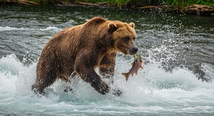 Brown bear fishing in river