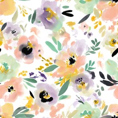Fototapeta premium Seamless pattern of watercolor flowers in soft pastel spring colors