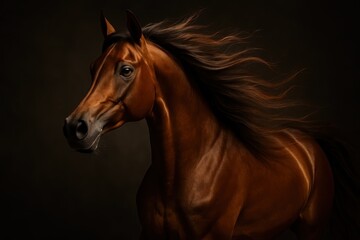 Fototapeta premium Magnificent Arabian horse portrait captured in dramatic natural lighting with flowing mane