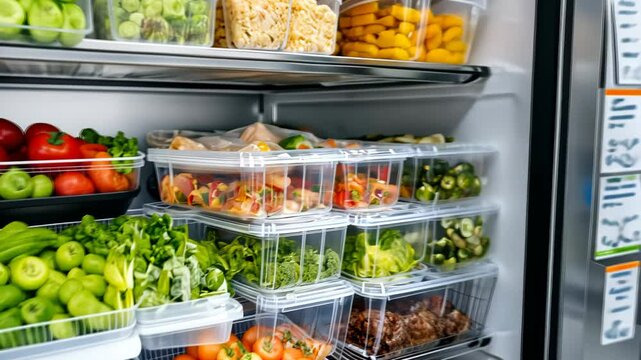 Organized refrigerator displaying fresh vegetables and fruits in transparent containers