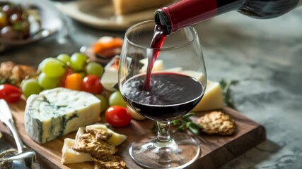 A glass of red wine is being filled, accompanied by a variety of gourmet cheeses and fresh fruits, creating a delightful culinary scene - Powered by Adobe