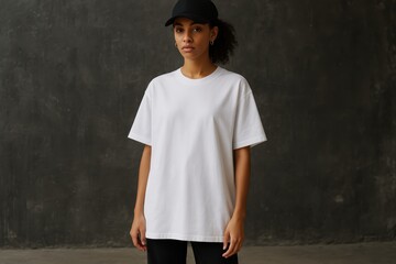 Trendy fashion model wearing oversized white t-shirt mockup showcasing contemporary urban streetwear style