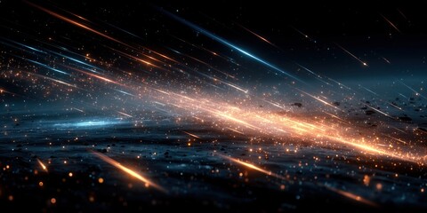 Dark Sci-fi Landscape with Orange and Blue Light Streaks over Surface

