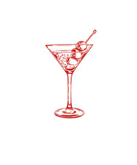 hand drawn red cocktail with olive