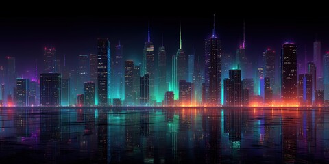 Sci-fi Urban Skyline Reflected on Water with Glowing Towers

