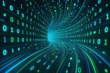 Fototapeta premium Abstract digital data tunnel with glowing binary code streams and fiber optic cables in cyberpunk aesthetic