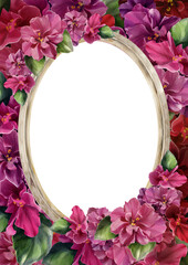 Vertical floral frame with watercolor violets and wooden oval border