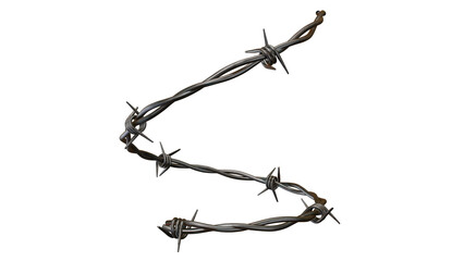 A twisted strand of barbed wire isolated against a stark black background in a studio shot on transparent background