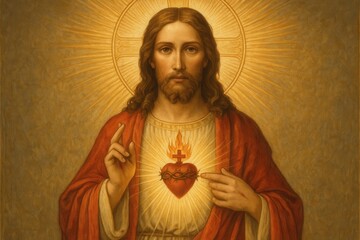 Sacred Heart of Jesus religious artwork with divine light rays and spiritual symbolism