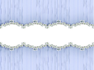 Seamless apple blossom border with wavy white cutout on blue stripes