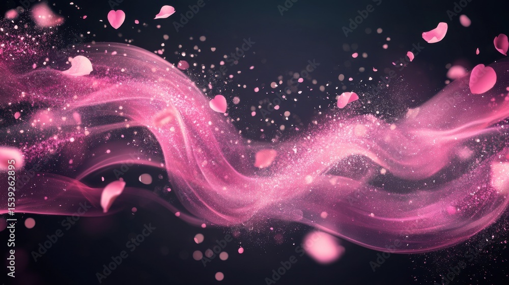 Aufkleber abstract pink wave with scattered petals and sparkles against a dark background creating a dreamy ef