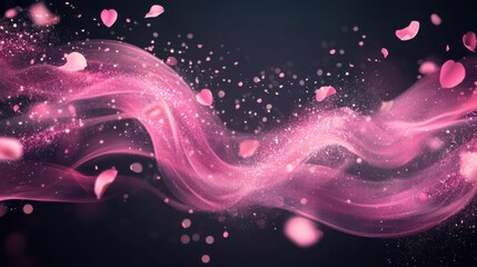 Abstract pink wave with scattered petals and sparkles against a dark background creating a dreamy effect