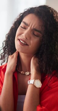 Frustrated woman, neck pain and laptop with injury for overworked, pressure or strain at home. Female person, fashion designer or ache with sore mucle tension for bad posture, sprain or fatigue