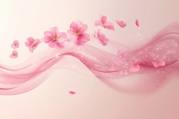 Pink blossoms and petals flowing over a shimmering pink wave on a light pink background