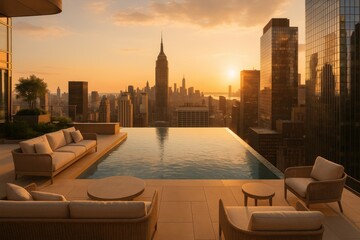 Obraz premium Ultra-modern penthouse terrace with infinity pool overlooking Manhattan skyline at golden hour