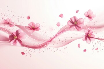 Pink blossoms and petals flowing with a pink ribbon and small bubbles on a light pink background
