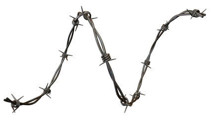 A single strand of barbed wire curving across a black background creating an abstract shape design on transparent background