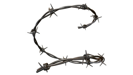A curved strand of barbed wire on a black background creating a partial circle shape design on transparent background