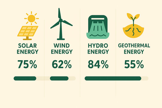 Flat Vector Infographic Comparing Solar, Wind, Hydro, and Geothermal Energy &ndash; 4-Column Layout with Icons, Progress Bars, and Statistics in Green and Yellow Palette
