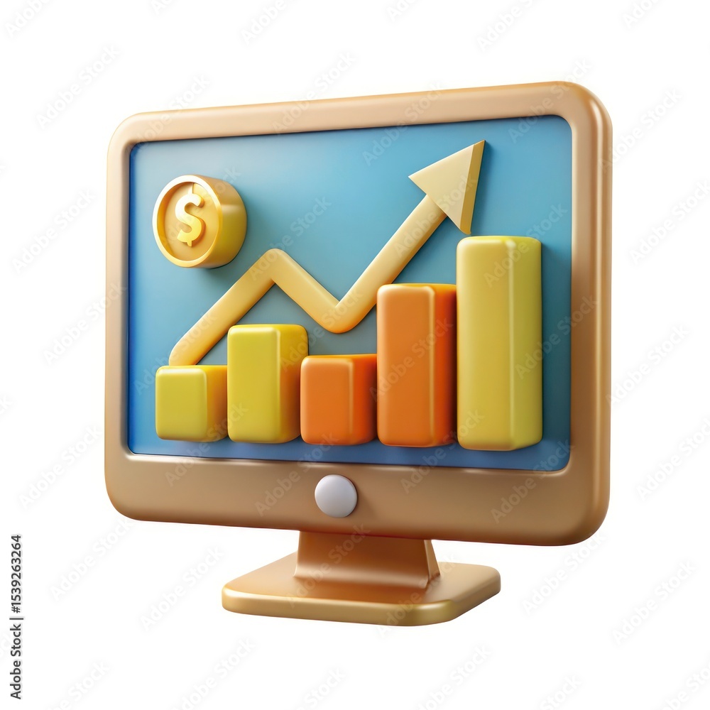 Poster 3d render of a computer screen showing an upward trending graph with a gold dollar coin