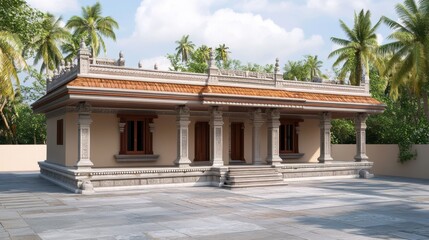Exterior view of a traditional building with columns and palm trees in the background on a sunny day