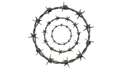 Concentric circles of barbed wire on a black background forming a spiral shape pattern design on transparent background