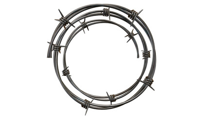 A coil of barbed wire on a black background with sharp points and twisted metal strands visible clearly on transparent background