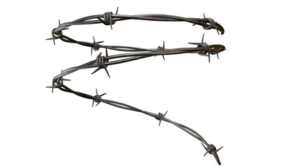 A close up of a twisted strand of barbed wire on a black background in a studio setting on transparent background