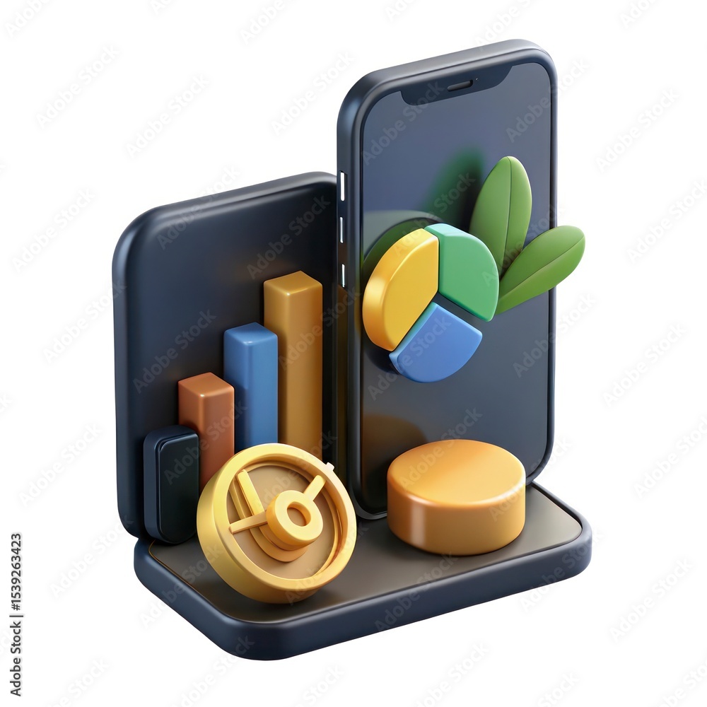 Poster 3d render of mobile phone with financial charts and graphs