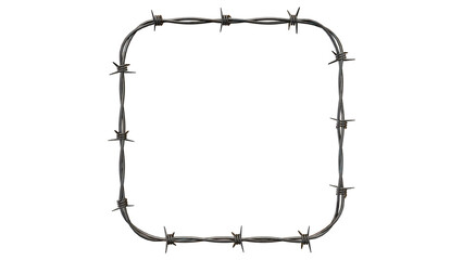 Square frame made of barbed wire on a black background with sharp metal points and twisted wire strands on transparent background