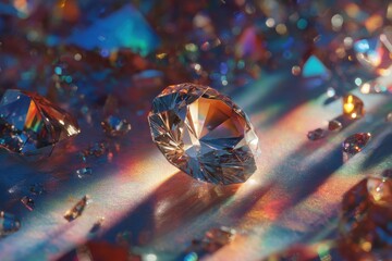 A close up shot of a collection of shiny diamonds scattered on a reflective surface with light effects