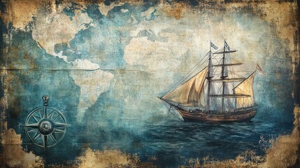 Antique map with sailing ship and compass. Aged parchment effect