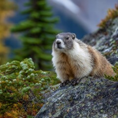 A fluffy marmot perched on a rocky outcrop, surveying its surroundings. The marmot is alert and vigilant