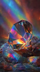 Iridescent crystal reflecting rainbow light sitting atop other colorful crystalline structures